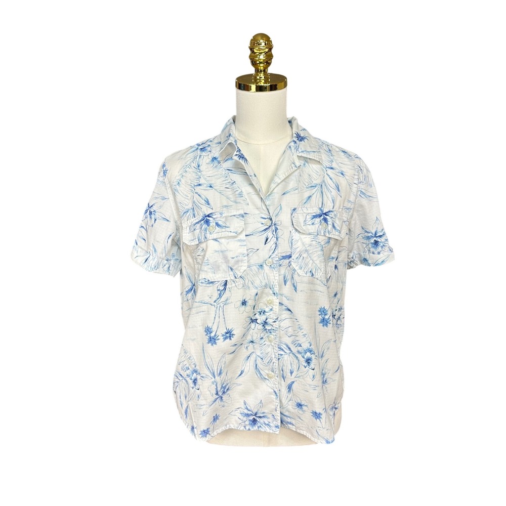 Vtg Villager Sport Petite Medium Blue White Tropical Cotton Button Down Shirt